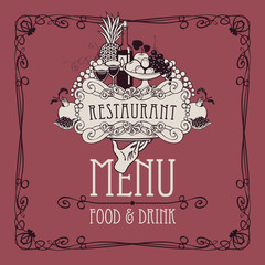 Vector restaurant menu with a picture of a hand with a tray on which is a still life with two glasses of wine, bottle and fruits in a Baroque style with a curly frame.