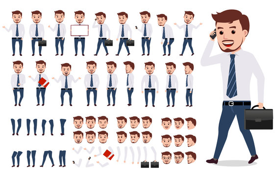 Business man character creation set. Male vector character walking and calling wearing formal office attire with gestures, poses and faces isolated in white. Vector illustration.
