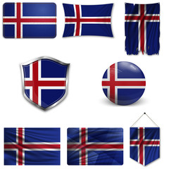 Set of the national flag of Iceland in different designs on a white background. Realistic vector illustration.
