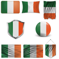 Set of the national flag of Ireland in different designs on a white background. Realistic vector illustration.