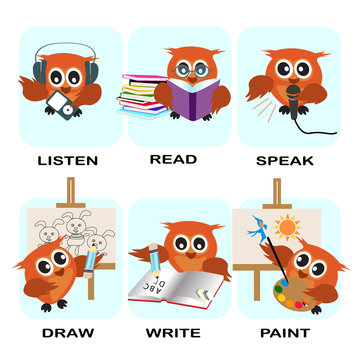 verb word vector background for preschool.verb set listen read speak draw write paint.vector illustration.