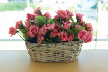 beautiful bouquet rose pink flower artificial in basket