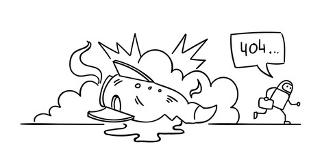 Error page 404 not found Crash accident with missile rocket Cosmonaut running repairs hand drawn style by line. Pencil or marker