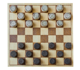 wooden checkerboard with checkers spaced on table (isolated)