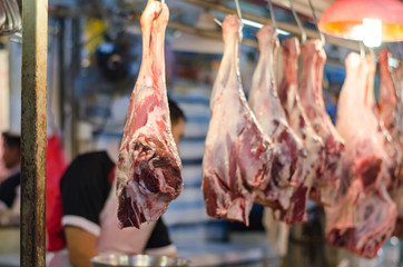 defocus shot and blur image of fresh mutton in the market stall.