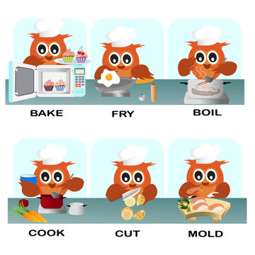 verb word vector background for preschool.verb set (bake fry boil cook cut mold).vector illustration.