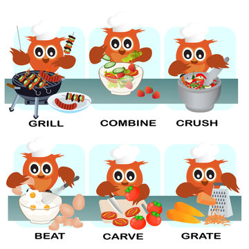 verb word vector background for preschool.verb cook set grill combine crush beat crave grate.vector illustration.
