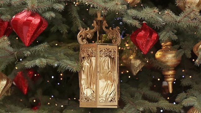 A Christmas tree with charming toys and ornaments. Moscow. New Year theme.