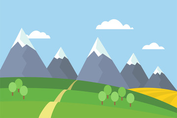 Vector view of mountain landscape with trees and field under blue sky with clouds