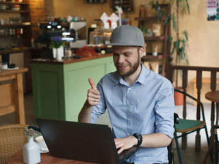 Man Working Laptop Thumb Up Connecting Networking Concept