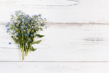 Flower bouquet on a white rustic wooden background, copy space