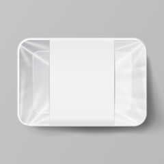 Plastic Food Container With Label. White Empty Blank Styrofoam Plastic Food Tray Container. Mock Up Template. Vector Realistic Illustration