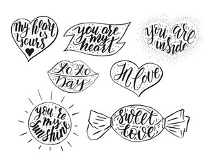 Hand drawn romantic vector quote set in different shapes.