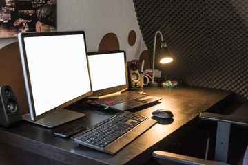 Computer Desk Black Workspace Corner Home Office Blank Isolated White Screens