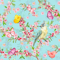 graceful seamless texture with pretty bird on flowering branch. watercolor painting