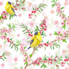 fashion flower seamless texture with cute birds. watercolor painting