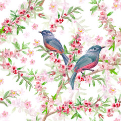 Obrazy  romantyczny kwiat bezszwowa tekstura z uroczymi ptakami. Malarstwo akwarelowe