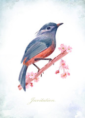 vintage greeting card with a graceful bird on flowering branches. watercolor painting