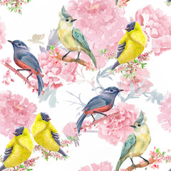 nature seamless texture with collection of pretty bird on flowering branches. watercolor painting