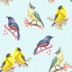 seamless texture with collection of pretty bird on flowering branches. watercolor painting
