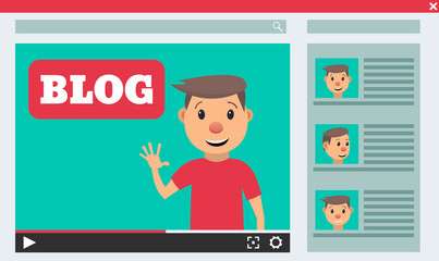 Video blogger concept. Male blogger channel. Computer screen with video player. Vector illustration in flat style