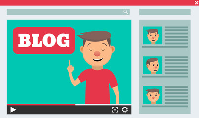 Fototapeta na wymiar Video blogger concept. Male blogger channel. Computer screen with video player. Vector illustration in flat style