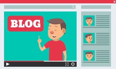 Video blogger concept. Male blogger channel. Computer screen with video player. Vector illustration in flat style
