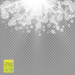 Abstract white bokeh effect explosion with sparks modern design. Glow star burst or firework light effect. Sparkles light vector transparent background. Christmas Concept. Flicker magic effect
