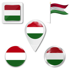 Set of icons of the national flag of Hungary in different designs on a white background. Realistic vector illustration. Button, pointer and checkbox.