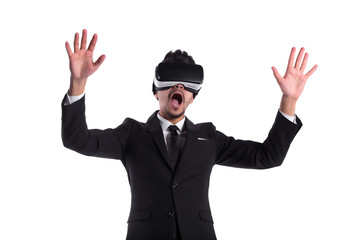 Male person in suit and virtual reality glasses
