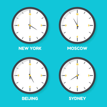 Vector illustration of time zone clocks in NY, Moscow, Beijing and Sydney