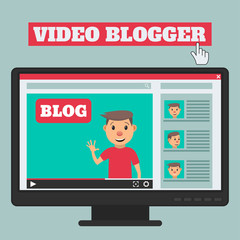 Video blogger concept. Male blogger channel. Computer screen with video player. Vector illustration in flat style