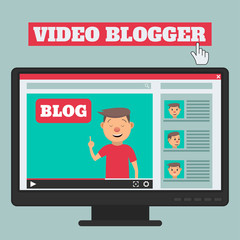 Video blogger concept. Male blogger channel. Computer screen with video player. Vector illustration in flat style