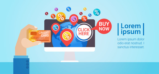 Hands Holding Credit Card Discount Tag Sale Online Shopping Special Offer Banner Flat Vector Illustration