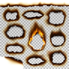 Collection of burnt faded holes piece burned paper realistic fire flame isolated page sheet torn ash vector illustration - 159190862
