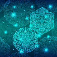 Ornate floral seamless texture, endless pattern with glowing bright mandala elements