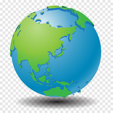 Globe with world map, show Asia region with smooth vector shadows on transparency grid - vector illustration