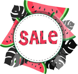 Sale. Summer tropical vector background. Monstera leaves. Watermelon.