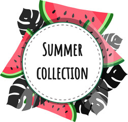 Summer collection sticker template. Tropical vector background. Monstera leaves. Watermelon.