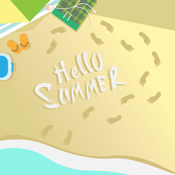 Hello Summer Beach Top Angle View Vacation Sand Tropical Seaside Ocean Flat Vector Illustration