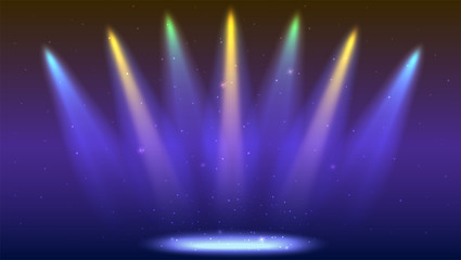 Background with rays of light from the colored spotlights. Bright lighting with coloring spotlights, projector. Shined scene, illumination effects on dark backdrop.