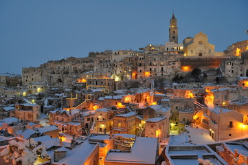 Matera - Il Sasso Barisano e la Civita con la neve