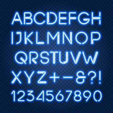 Glowing blue neon lights alphabet with capital letters and numbers. Isolated objects abc, typeset, font, uppercase characters, easy to change color and place on any dark background, vector EPS 10