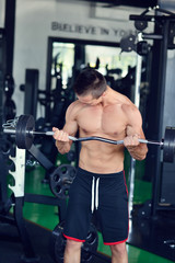 Fototapeta na wymiar Man at the gym. Man makes exercises with barbell