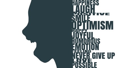 Face side view. Elegant silhouette of a female head. Vector Illustration. Monochrome gamma. Surprised beautiful woman smiling with open mouth. Emotions relative tags cloud
