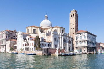 Fototapeta na wymiar Venice, Veneto, Italy. View of San Geremia church, Cannaregio, from the Grand Canal with Palazzo Flangini and Palazzo Labia on either side