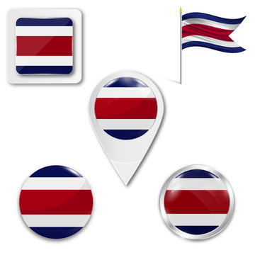 Set of icons of the national flag of Costa Rica in different designs on a white background. Realistic vector illustration. Button, pointer and checkbox.