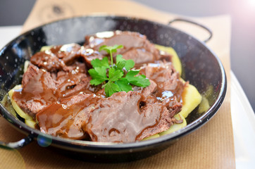 Spanish beef cheeks braised, steak, barbecue