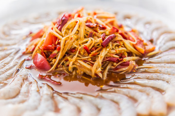 Papaya salad with shrimp, famous Thai food, Thai Salad tray