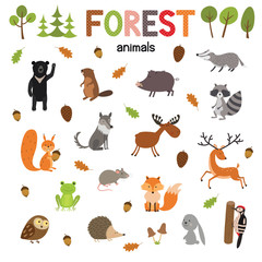 Obraz premium Set of forest animals made in flat style vector. Zoo cartoon collection for children books and posters.